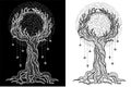 Black and white mystic fantasy tree line art vector illustration Royalty Free Stock Photo